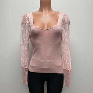 Anthropologie Pink Lace Sleeve Viscose Blend Scoop Neck Pullover Sweater